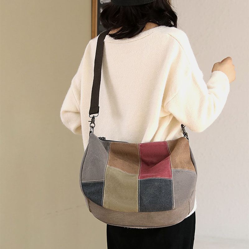 Kvinder Vintage Stor Kapacitet Farve Matchende Lærred Håndtaske Crossbody Taske Casual Skuldertaske