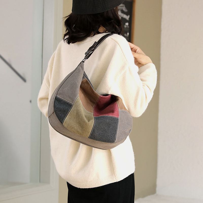 Kvinder Vintage Stor Kapacitet Farve Matchende Lærred Håndtaske Crossbody Taske Casual Skuldertaske