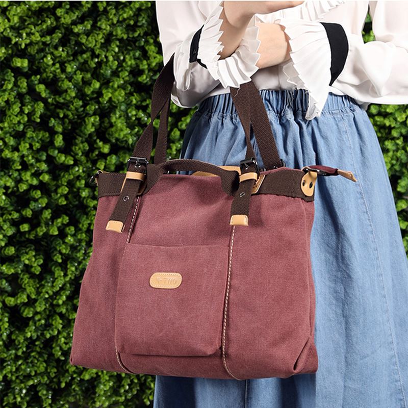 Lærred Tote Håndtasker Vintage Frontlommer Skuldertaske
