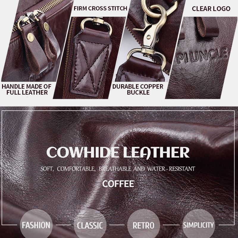 Mænd Ægte Læder Håndtaske Med Flere Lommer Lærertaske Retro Stor Kapacitet 14 Tommer Bærbar Taske Crossbody Skuldertasker
