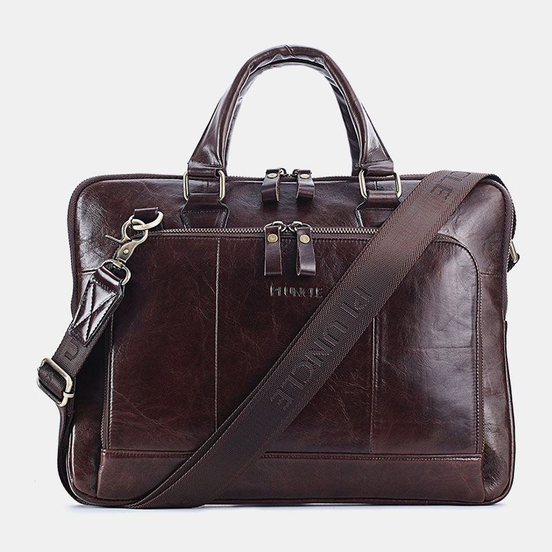 Mænd Ægte Læder Håndtaske Med Flere Lommer Lærertaske Retro Stor Kapacitet 14 Tommer Bærbar Taske Crossbody Skuldertasker
