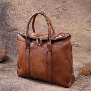 Mænd Ægte Læder Retro Multi-lomme 15.6 Tommer Bærbar Taske Dokumentmappe Business Håndtaske Crossbody Taske