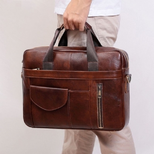 Mænd Multifunktion Ægte Læder 15.6 Tommer Bærbar Taske Dokumentmapper Retro Multi-pocket Crossbody Taske Skuldertaske