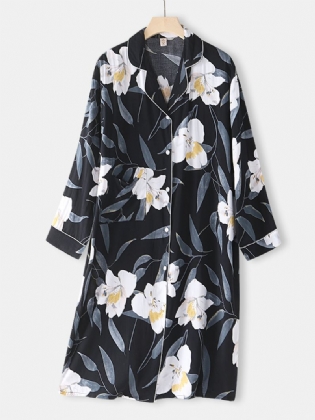 Kvinder Blomstertrykt Revere Krave Langærmet Sleepshirt Med Kontrastbinding