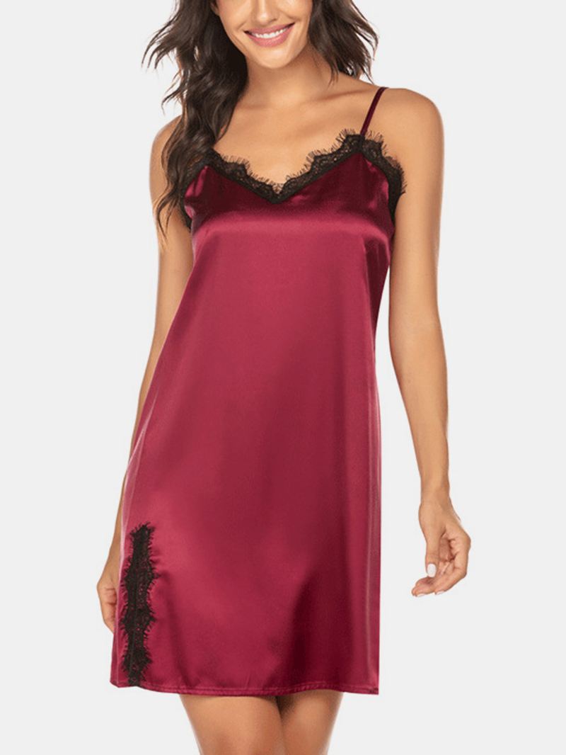 Kvinder Faux Silke Side Split Lace Trim Rygløs Chemises Natkjoler