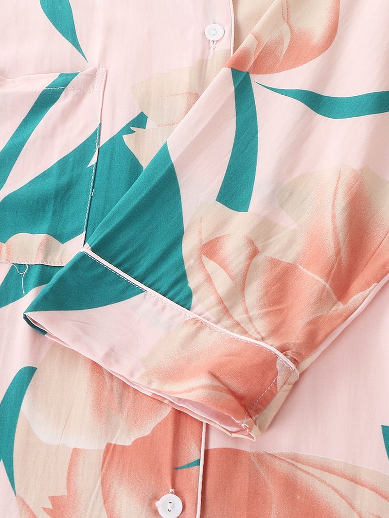 Kvinder Overalt Blomsterprint Revere Krave Kontrastbinding Langærmet Sleepshirt