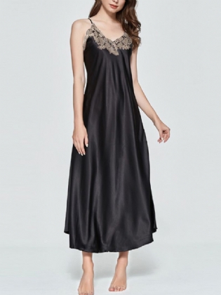 Kvinders V-hals Ærmeløs Solid Afslappet Blonde Satin Natkjoler Robe Kjole
