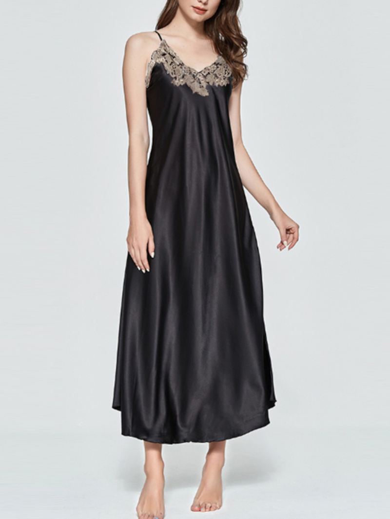 Kvinders V-hals Ærmeløs Solid Afslappet Blonde Satin Natkjoler Robe Kjole