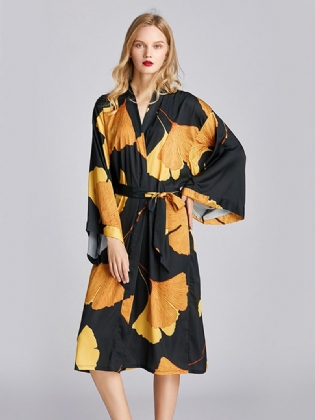 Langærmet Floraprintet Kimono-kåbe Midi Silkeagtig Natkjole