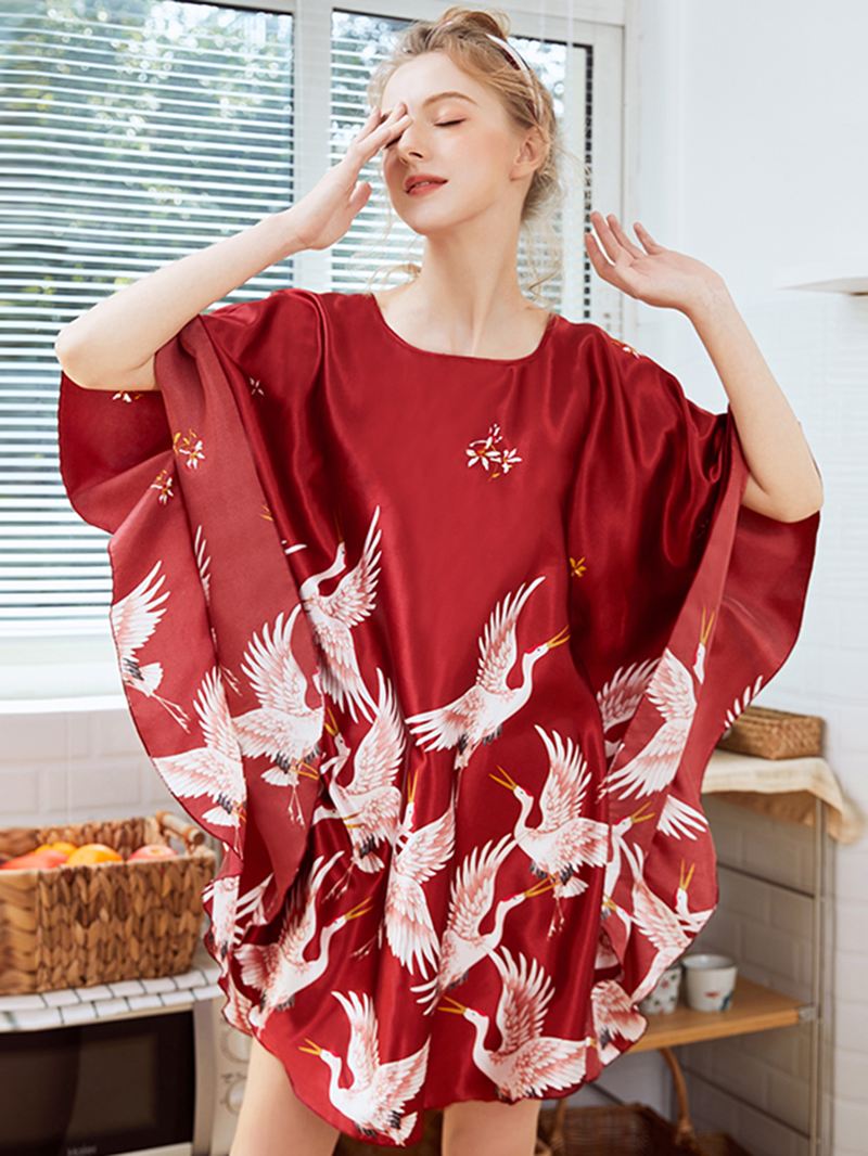 Løse Ærmer Crane Printing Silke Robes Natkjole