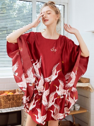 Løse Ærmer Crane Printing Silke Robes Natkjole