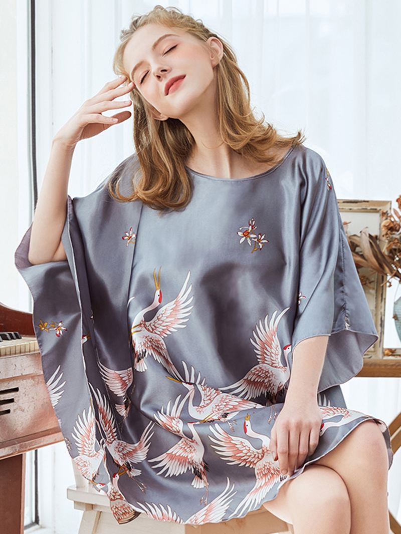 Løse Ærmer Crane Printing Silke Robes Natkjole