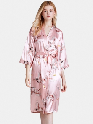 Plus Size Crane Printed Half Sleeve Longline Kimono Robe Nattøj