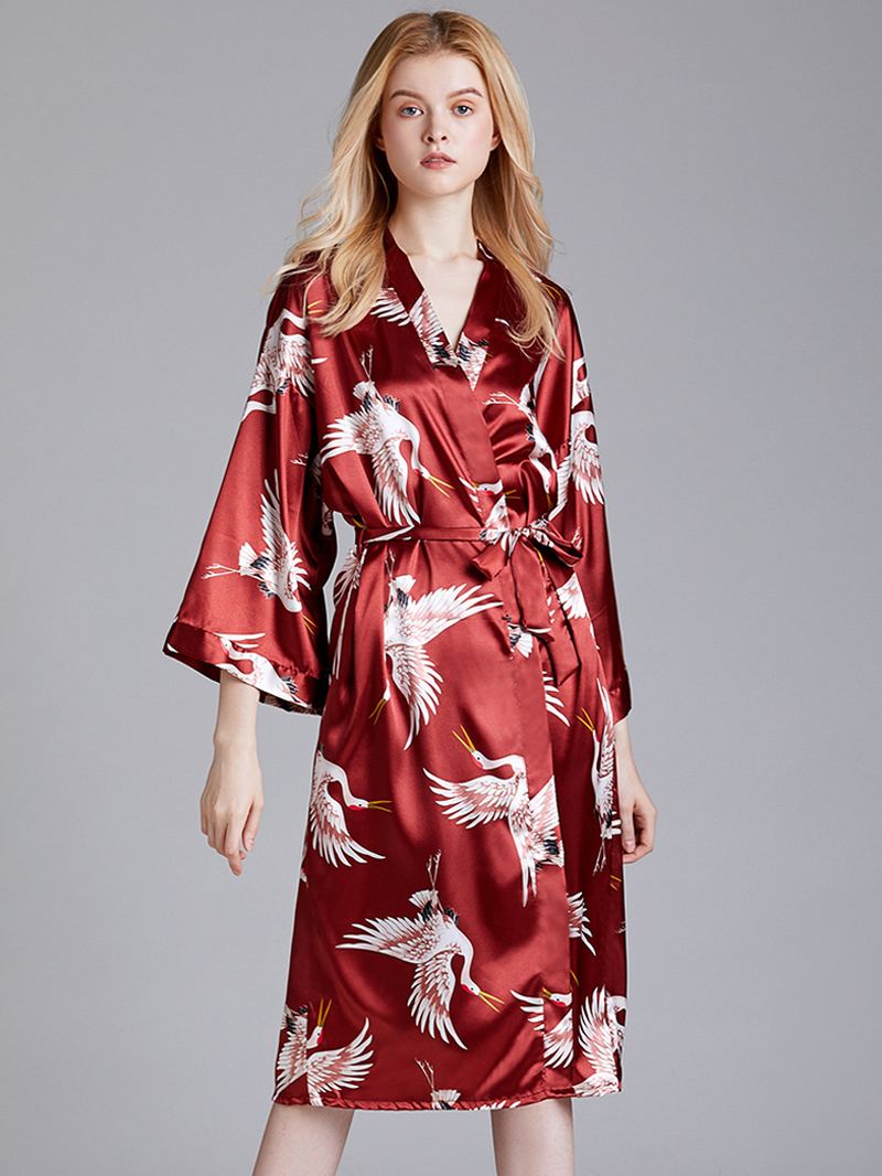 Plus Size Crane Printed Half Sleeve Longline Kimono Robe Nattøj