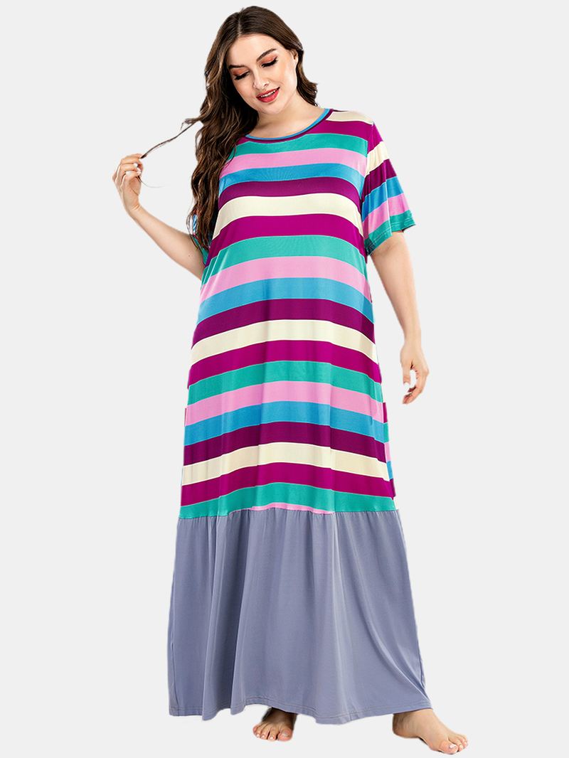 Plus Size Kvinder Farverige Stripe Patchwork Kortærmede Hjem Casual Natkjoler
