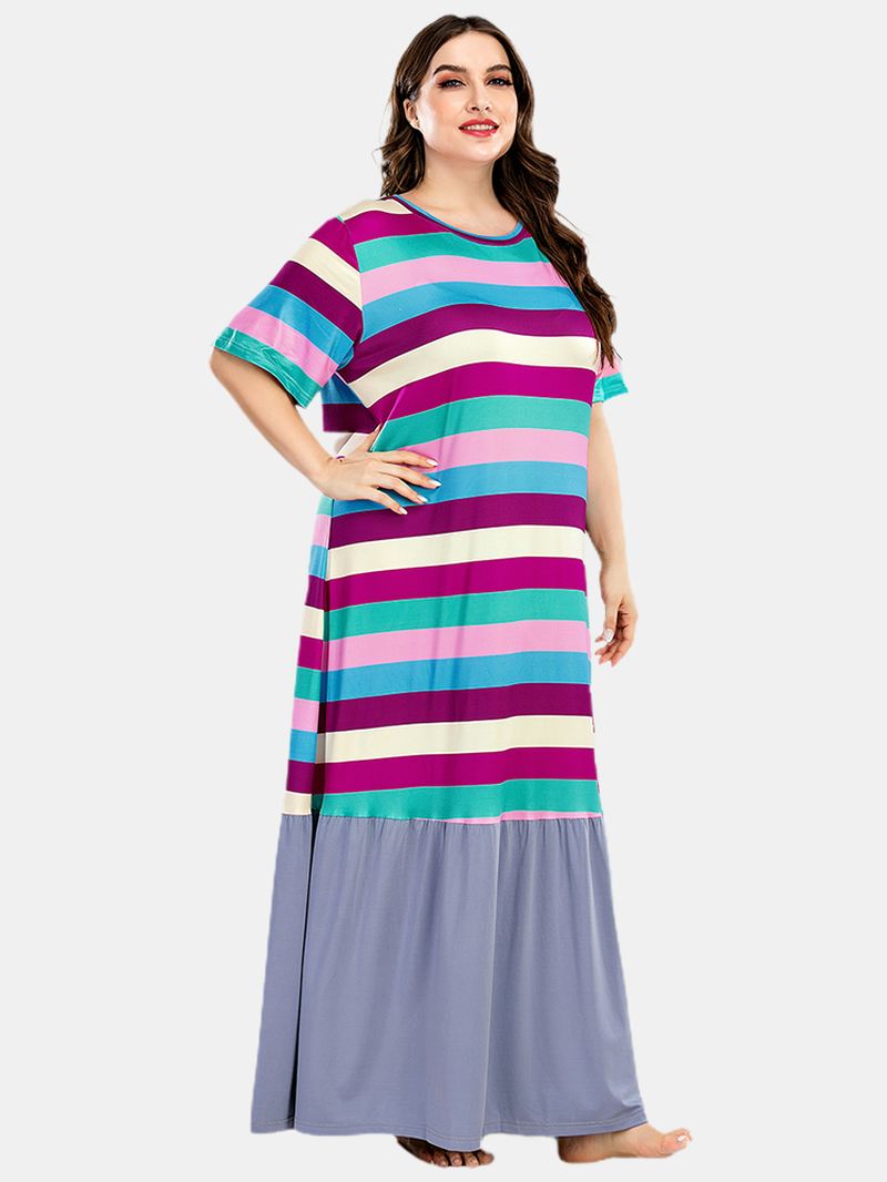 Plus Size Kvinder Farverige Stripe Patchwork Kortærmede Hjem Casual Natkjoler