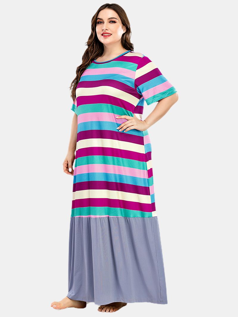 Plus Size Kvinder Farverige Stripe Patchwork Kortærmede Hjem Casual Natkjoler