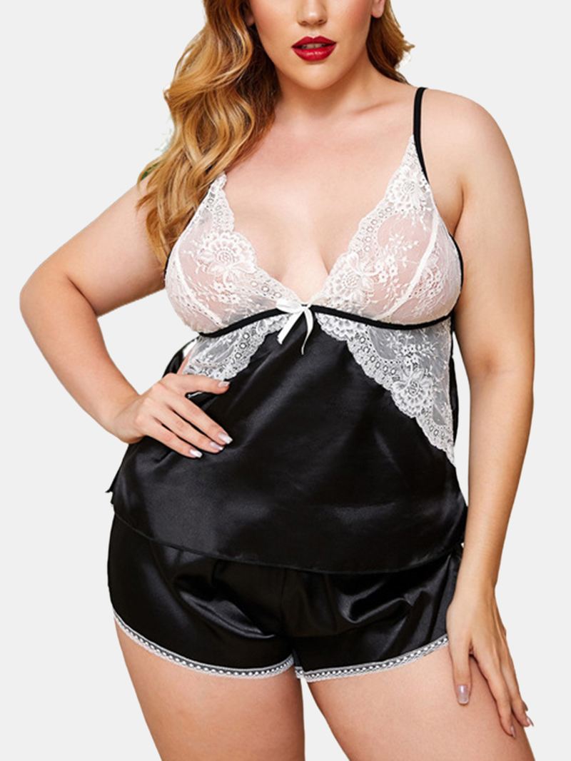 Plus Size Kvinder Faux Silke Lace Patchwork Se Gennem Rygløs Chemises Lingeri Sæt
