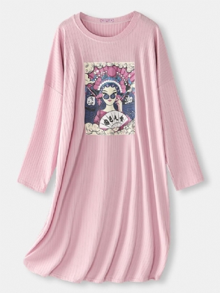 Plus Size Kvinder Kinesisk Stil Ribbet Rund Hals Langærmet Drop Shoulder Natkjoler Hjem Løst Nattøj