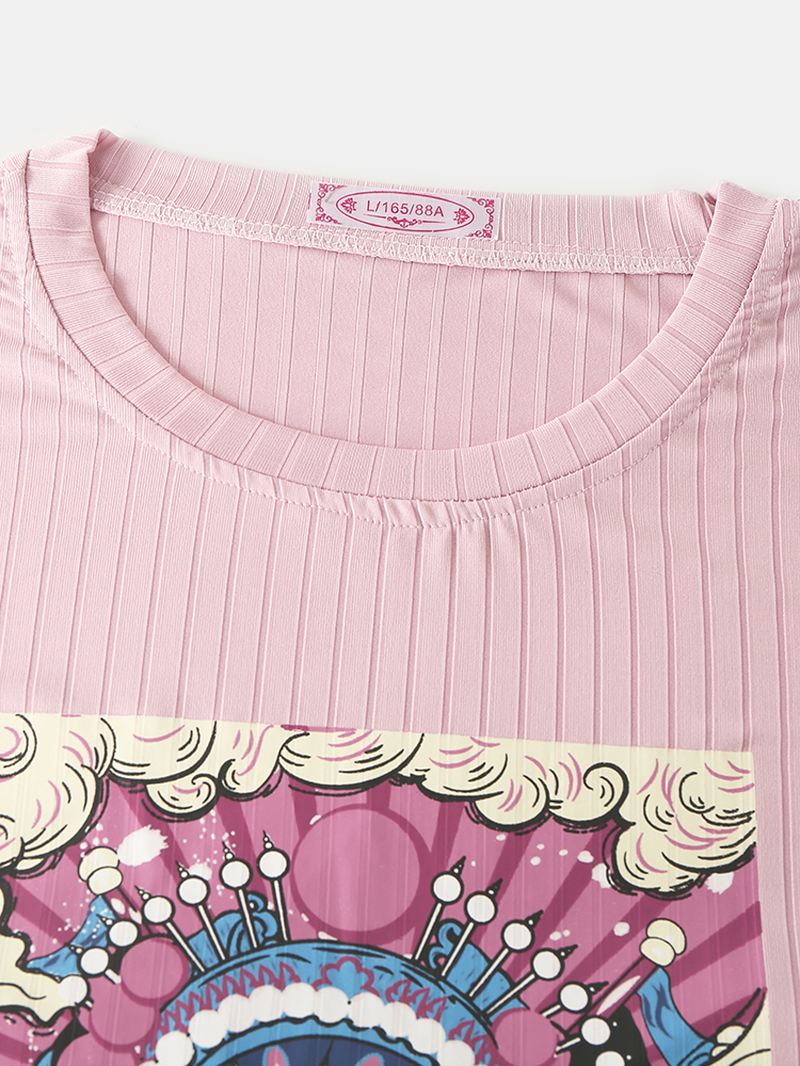 Plus Size Kvinder Kinesisk Stil Ribbet Rund Hals Langærmet Drop Shoulder Natkjoler Hjem Løst Nattøj