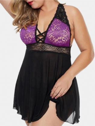 Plus Size Kvinder Lace Hollow Out Rygløs Perspektiv Natkjole
