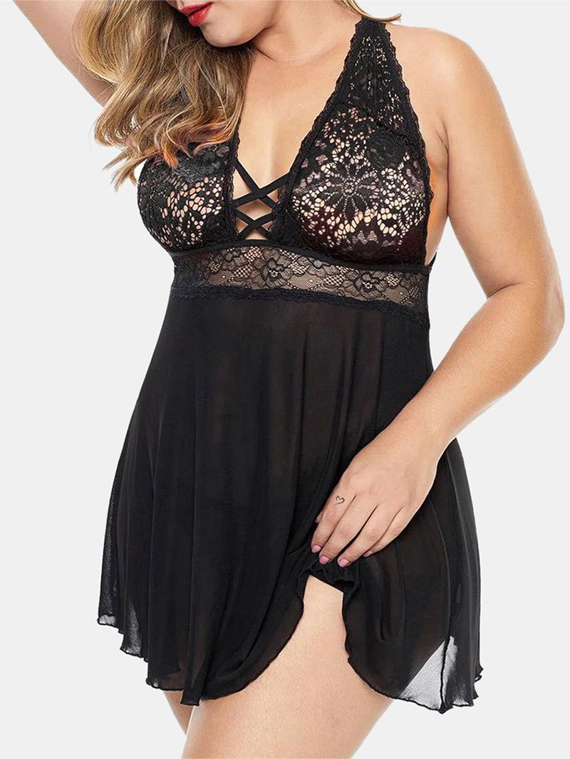 Plus Size Kvinder Lace Hollow Out Rygløs Perspektiv Natkjole