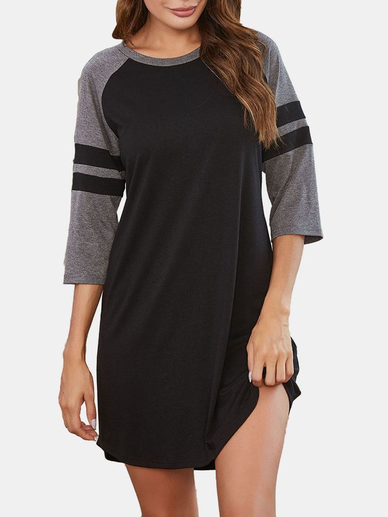 Plus Size Kvinder Patchwork 3/4 Ærmet Natkjole Med Rund Hals