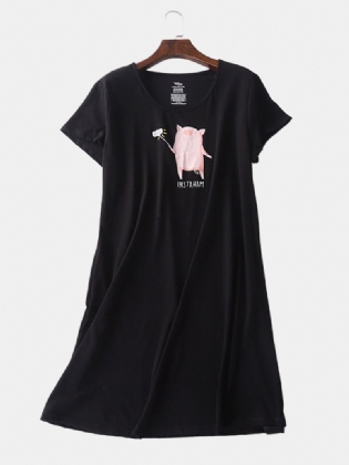Plus Size Kvinder Tegneserie Pig Med Tryk Softies Kortærmet Hjem Casual Natkjole