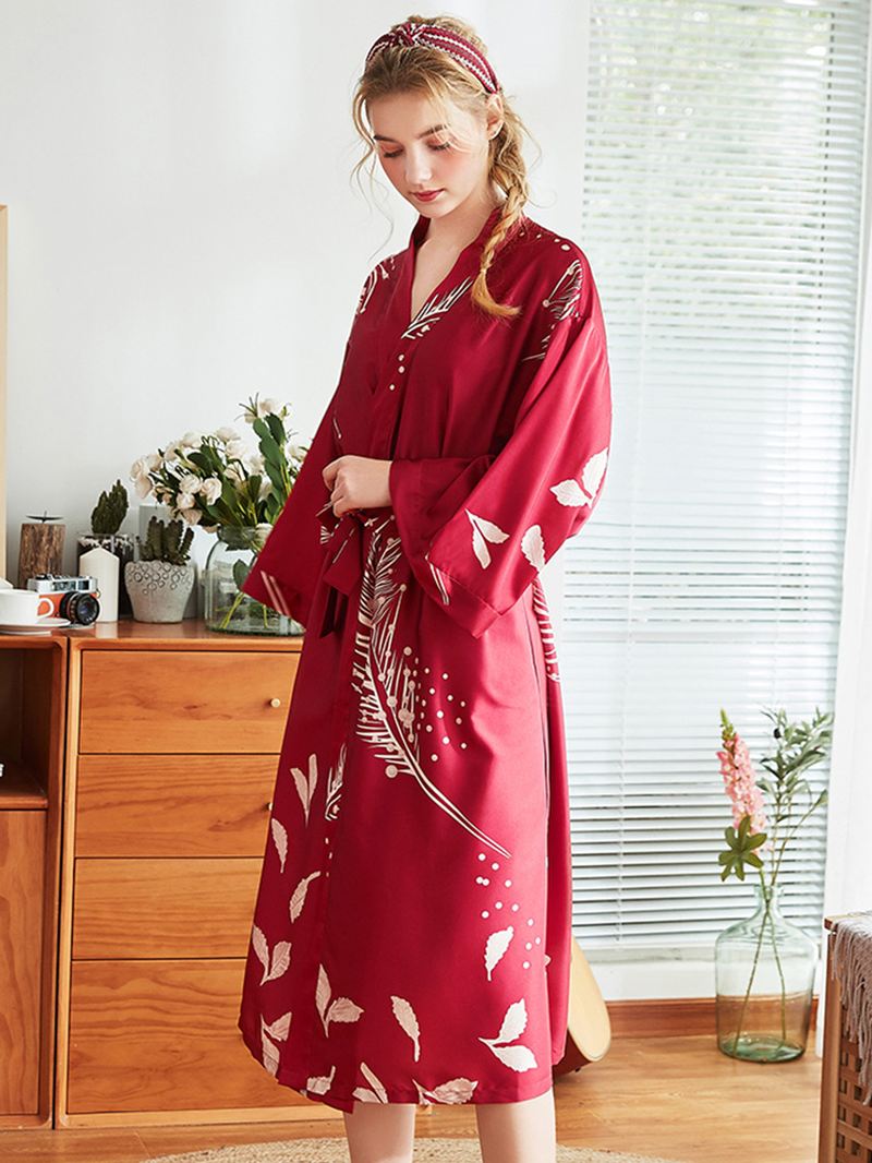 Rød Langærmet Blomstret Brudesilke Kimono Natkjole