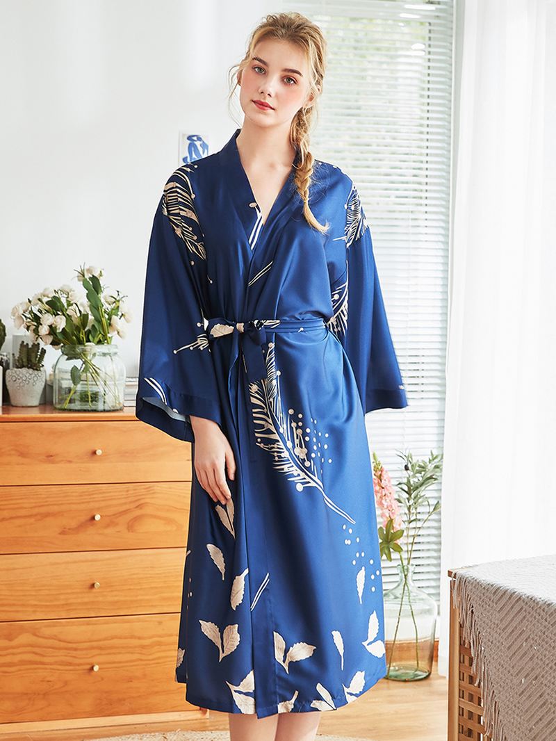 Rød Langærmet Blomstret Brudesilke Kimono Natkjole