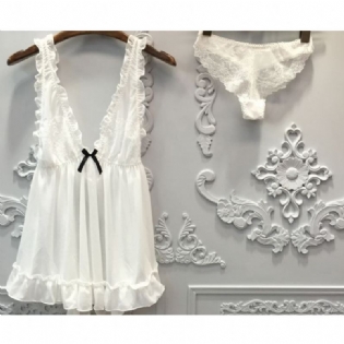 Sexet Kvinder Natkjole+trusse Sæt Deep V Lace