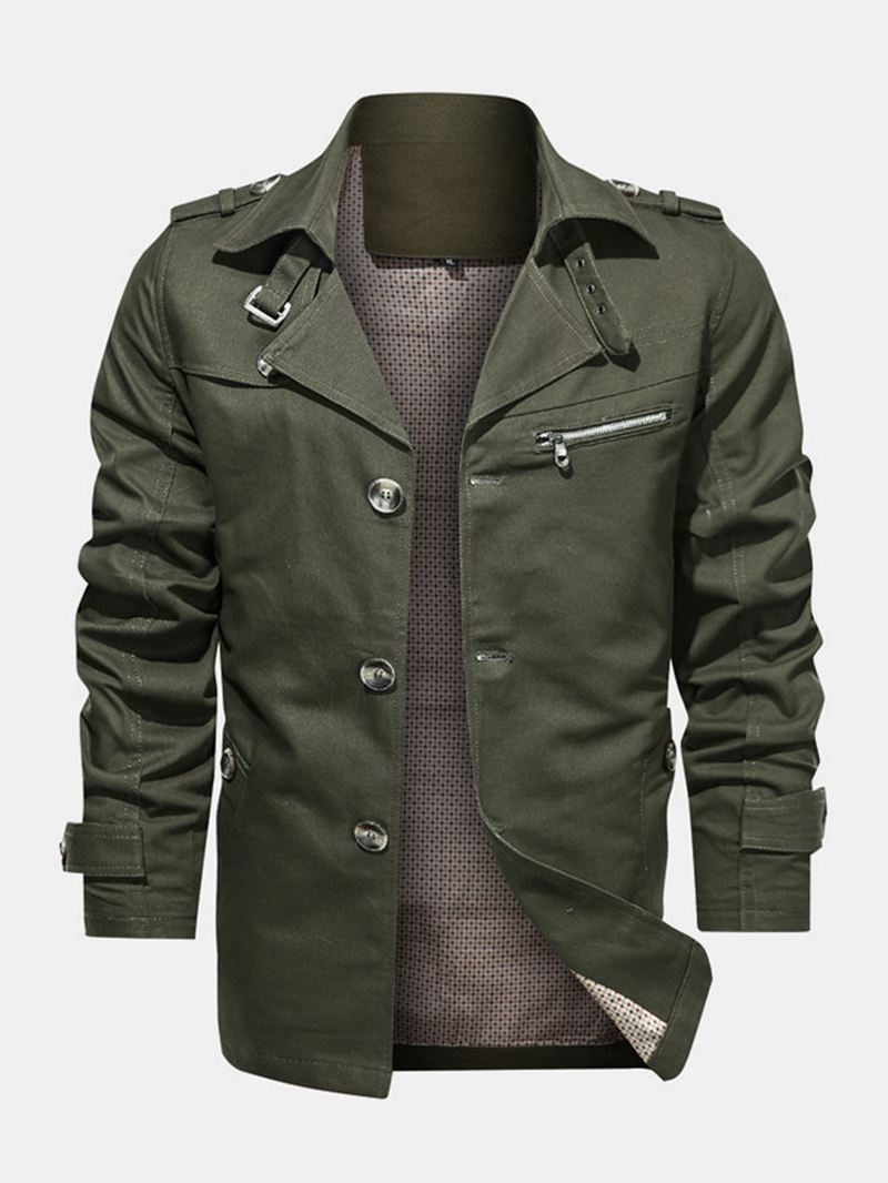 Herre 100% Bomuld Solid Knap Front Revers Cargo Jakke Med Lomme