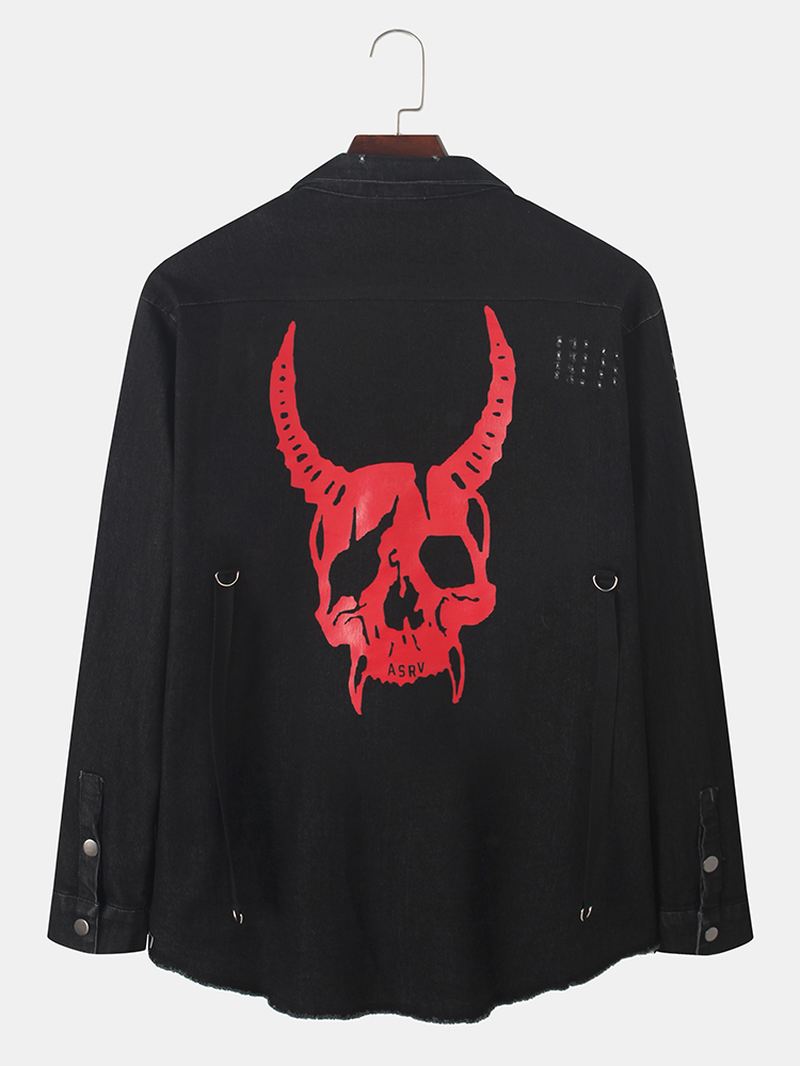 Herre Animal Back Med Tryk Lapel Double Pocket Sort Denimjakke
