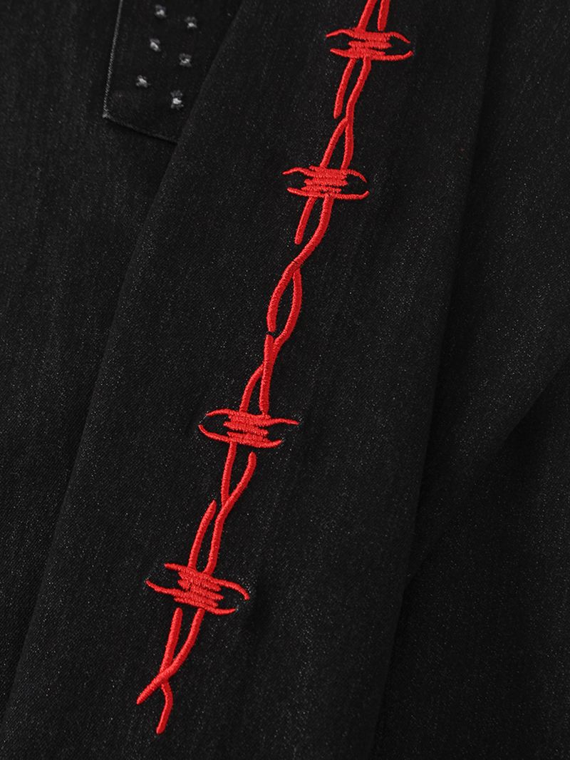 Herre Animal Back Med Tryk Lapel Double Pocket Sort Denimjakke