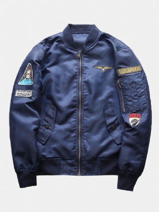 Herre Applique Vintage Massiv Lynlås Bomberjakke Med Lomme