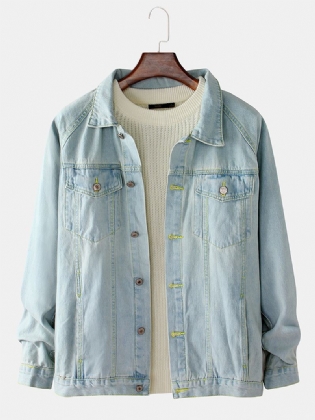 Herre Blå Revers Lomme Lange Ærmer Vintage Denim Jakke