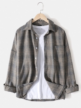 Herre Bomuld Plaid Lapel Drop Shoulder Relaxed Fit Overshirt Med Lomme