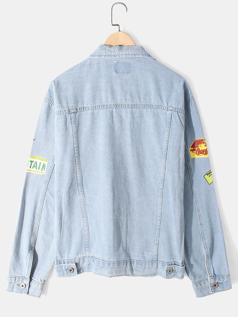 Herre Brevmønster Med Tryk Broderi Bomuld Outdoor Stilfuld Denimjakke Med Lomme