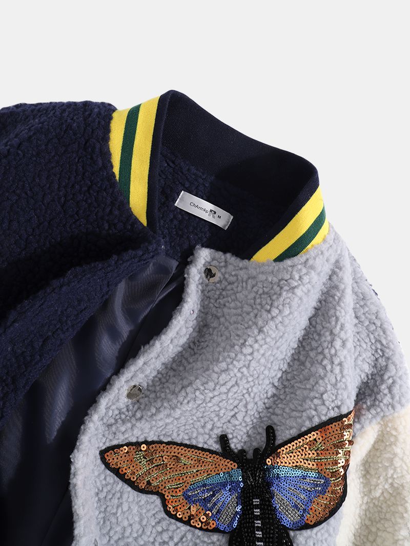 Herre Butterfly Sequ Applique Patchwork Pocket Baseballkrave Teddyjakke