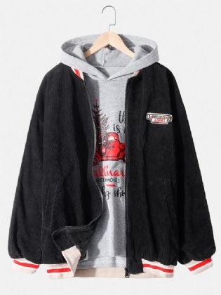 Herre Corduroy Side Patchwork Brev Mønster Lynlås Baseball Krave Jakke