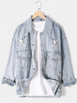 Herre Crane Brodery Faded Effect Bomuld Outdoor Stilfuld Denimjakke Med Lomme