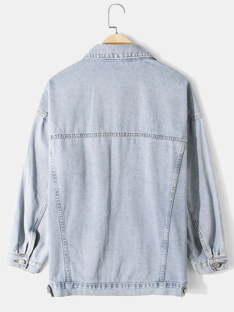 Herre Crane Brodery Faded Effect Bomuld Outdoor Stilfuld Denimjakke Med Lomme