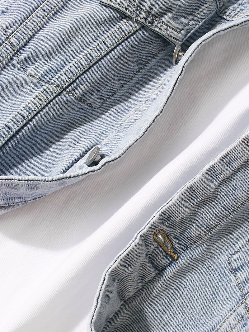 Herre Crane Brodery Faded Effect Bomuld Outdoor Stilfuld Denimjakke Med Lomme