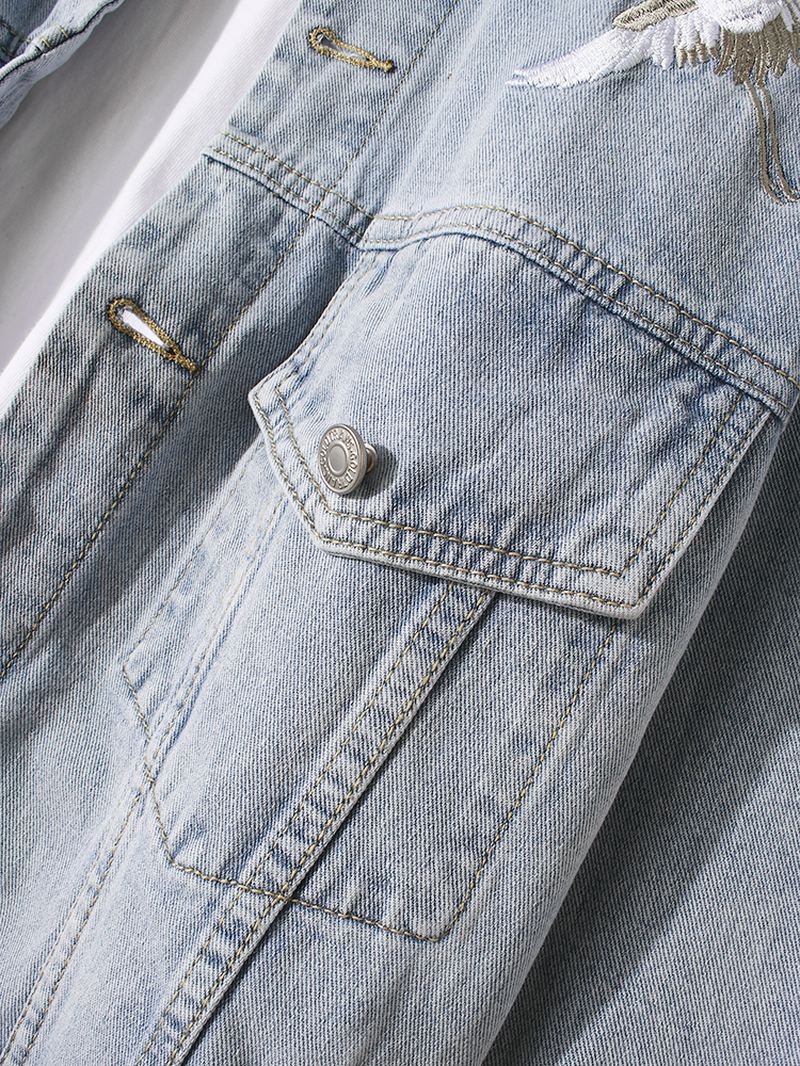 Herre Crane Brodery Faded Effect Bomuld Outdoor Stilfuld Denimjakke Med Lomme