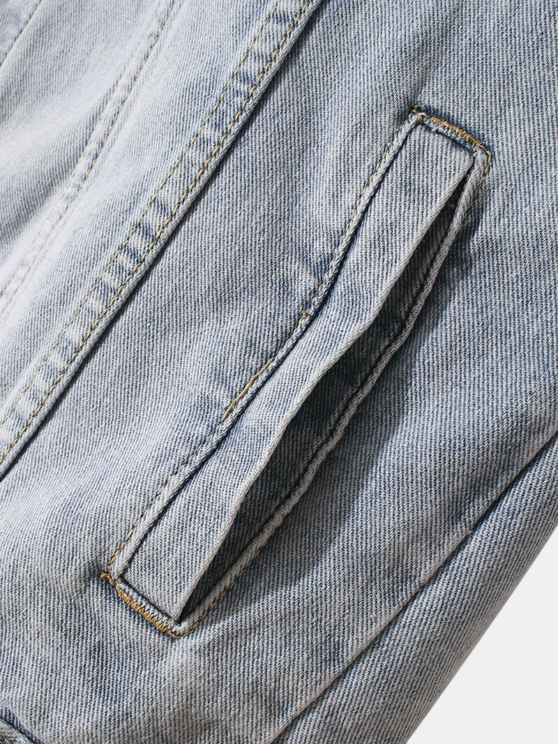 Herre Crane Brodery Faded Effect Bomuld Outdoor Stilfuld Denimjakke Med Lomme
