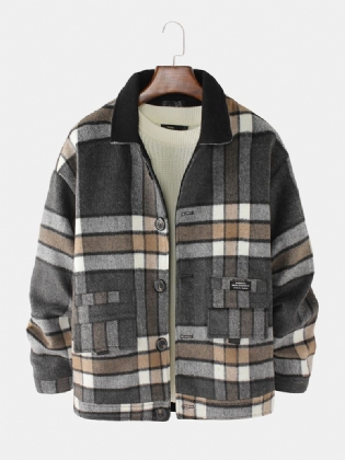 Herre Design Plaid Thicken Langærmet Varm Duffle-jakke Med Lomme