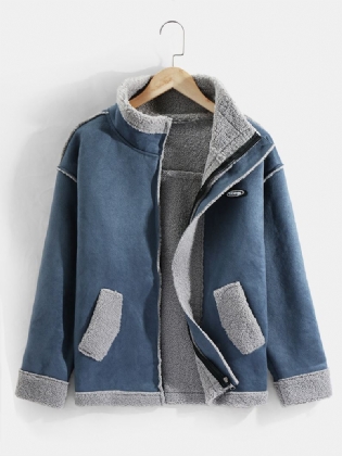 Herre Drop Shoulder Ensfarvet Shearling-foret Tyk Afslappet Jakke