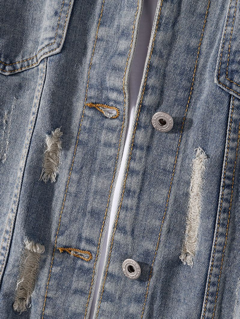 Herre Kinesisk Stil Text Back Med Tryk Distressed Denimjakke