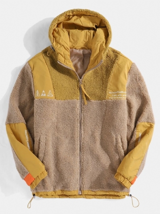Herre Kontrastfarve Patchwork Fluffy Faux Fur Langærmet Hættetrøjejakke