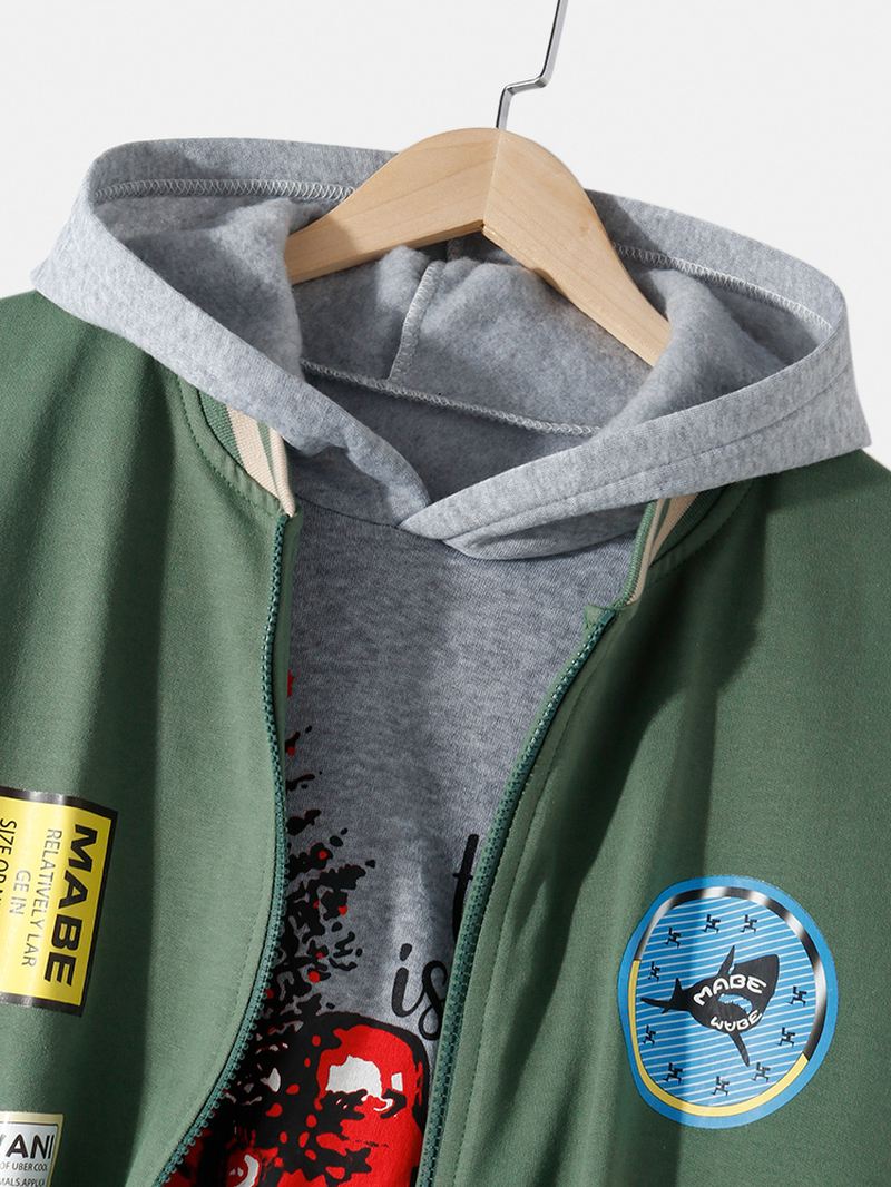 Herre Kontrastfarve Tegneserie Mønster Lynlås Casual Daily Varsity Jakke